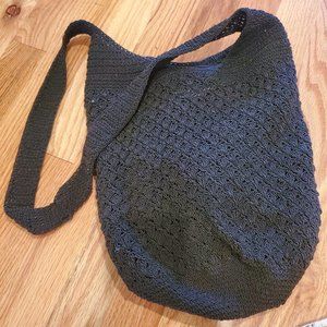 Sack Style Macrame Shoulder Bag Black with Snap Closure Lined